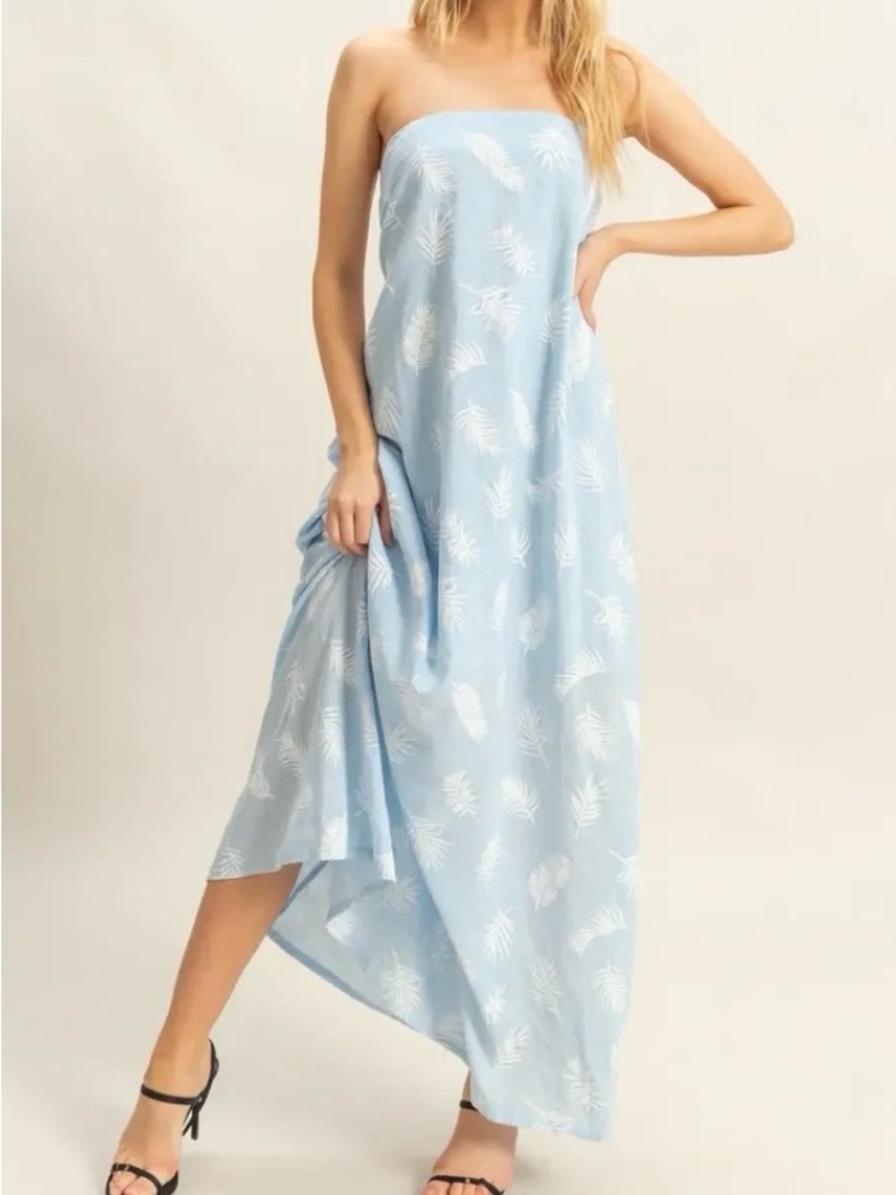 HYFVE Bree Feather Strapless Light Blue Maxi Dress Size Small